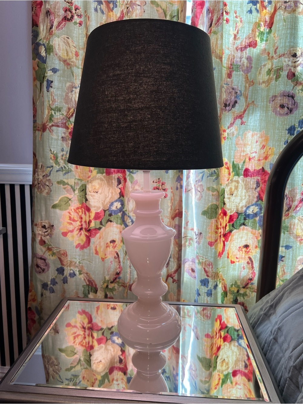 Pink Milk Glass Table Lamp with Grey Shade -
